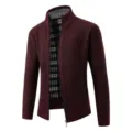 Mens Fleece Lined Stand Collar Cardigan Sweater Casual Knitwear Winter Outerwear - Burgundy