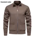 Men caramel color knitted cardigan zip up jacket casual outerwear stand collar pockets - M / Tops / Coffee