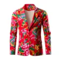 Men's traditional floral print blazer casual vintage Chinese style slim fit suit jacket - M / Red