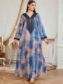 Vestido largo vintage con cuello en V manga larga elegante holgado caftán moda mujer chic - M / Vestidos / Azul