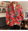 Men's retro floral print blazer Chinese style fashion casual suit jacket streetwear coat - M / Red