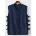 Uomo Vintage Stile Cinese Cotone Lino Gilet Blu Scuro Costume Tang Casual Top - Blu navy
