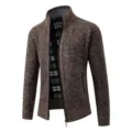 Close-up view of the mens brown knitted cardigan featuring a stand collar and full zip. - Coffee