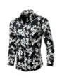 Men's black long sleeve button down shirt featuring a stylish white floral botanical print design. - Style 9