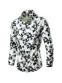 Men long sleeve casual shirt with black and white floral print regular fit button down top - Style 8