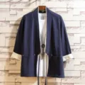 Men's Chinese style color-blocked cardigan kimono top with tee, retro casual summer wear. - M / Tops / Navy Blue