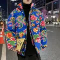 Giubbotto Piumino Invernale Stampa Floreale Cinese Cappotto Unisex Streetwear Style - Taglia M / Top / Blu