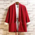 Men Chinese style red cardigan haori contrast color casual open front coat summer top - M / Tops / China Red