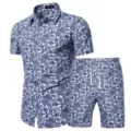 Detailed view of blue and white floral print men short sleeve shirt and shorts set. - DC04 Set
