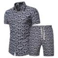 Men short sleeve patterned shirt and shorts set elegant blue and white print close up - DC01 Set
