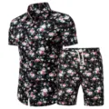 Men summer short sleeve floral shirt and shorts set casual beach outfit matching two pieces - DC09 Set