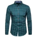 Camicia casual da uomo a maniche lunghe con fantasia a quadri e bottoni marroni eleganti. - Verde