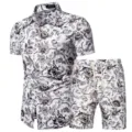 Men short sleeve shirt and shorts set vintage floral print summer casual two piece outfit. - DC02 Set