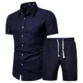 Men short sleeve shirt and shorts set in dark blue polka dot summer fashion detail. - DC10 Set