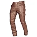 Brown PU leather cargo pants detail shot, men's rock motorcycle casual trousers with pockets. - S / Dark Brown