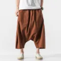 Men's loose harem pants brown drop crotch cropped trousers summer casual daily wear - M / Dark Brown