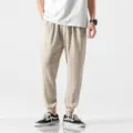 Details of mens casual breathable linen harem pants in beige cotton blend summer style - M / Off White