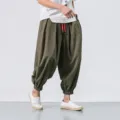 Men's casual baggy harem pants, olive green cotton linen loose trousers with elastic cuffs. - M / Army Green