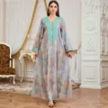 Vestido largo vintage cuello V holgado manga larga elegante moda ropa de mujer casual - M / Vestidos / Verde
