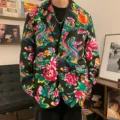 Men's Chinese style floral print blazer, vintage dragon motif loose fit casual suit jacket coat. - M / Black