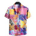 Camicia uomo manica corta stampa cachemire colorata, stile spiaggia etnico casual. - Taglia L / Top / 314 Rosa