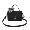 Elegant black women shoulder crossbody handbag with stylish printed scarf and metallic lock. - Black