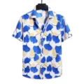 Men short sleeve shirt casual beach top blue yellow ginkgo leaf print summer fashion clothing - 319