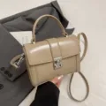 Khaki PU leather crossbody shoulder bag with metal lock and top handle for women. - Style B Khaki