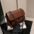 Brown quilted chain shoulder bag women fashion elegant PU leather crossbody handbag - Coffee