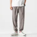 Men's casual linen harem trousers, breathable elastic waist loose fit variant style. - M / Gray