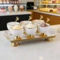 Luxury ceramic ice cream bowls set with golden stand and tray, elegant dessert yogurt bowls. - Set of 6 Cups and 1 Stemmed Tray / White