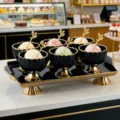 Ceramic Ice Cream Bowl Set, Black and Gold Dessert Bowls with Tray and Spoon, 6 Pcs - Set of 6 Cups and 1 Stemmed Tray / Black