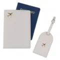 Set copripassaporto ed etichetta valigia in pelle PU grigia con aereo dorato viaggio - Grigio chiaro