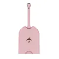 Pink PU leather luggage tag for travel, cute suitcase ID card holder with airplane gold print. - Pink