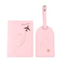 Rosa Leder Reisepasshülle und Kofferanhänger Set mit Goldfolie Flugzeug Reisedesign. - Zweiteiliges Set / Rosa