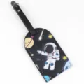 PU leather astronaut luggage tag suitcase ID label travel bag holder with secure strap - Black