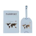 Light blue passport holder and luggage tag travel set with gold world map design. - Passport Holder And Luggage Tag / Light Blue