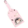 Pink PU leather luggage tag with cute squirrel cartoon pattern and metal buckle strap. - Pink
