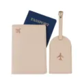 Leder Reisepasshülle und Gepäckanhänger Set Reise Dokumenten Organizer süße Flugzeug Bestickung - Khaki