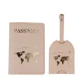 Light pink passport holder and luggage tag set with gold foil world map design for travel. - Passport Holder And Luggage Tag / Khaki