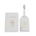 Set portapassaggio ed etichetta valigia in pelle PU bianca con logo aereo dorato. - Bianco