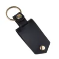 Black leather DIY sublimation blank keychain with metal ring and gold snap buttons main - Black