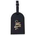 Zwarte PU lederen bagagelabel met gouden Mr schrijfletters, duurzame reiskoffer ID label. - Mr. Stijl / Zwart