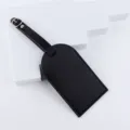 Black leather luggage tag travel suitcase name label with metal buckle and adjustable strap. - Black
