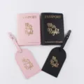 Set van paspoorthoesje en bagagelabel voor koppel, PU lederen reisaccessoires roze zwart. - Koppel 4-Delige Set / Zwart En Roze Combinatie