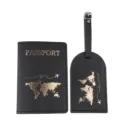 Set porta passaporto ed etichetta valigia in pelle PU nera con stampa mappa dorata. - Portapassaporto E Etichetta Per Bagagli / Nero Stampato in Oro