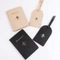 Conjunto de funda para pasaporte y etiqueta de equipaje de cuero PU, accesorios viaje. - Juego de Porta Pasaporte y Etiqueta de Equipaje / Set de 4 piezas / Caqui & Negro