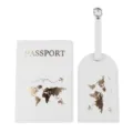 Set copri passaporto ed etichetta valigia in pelle PU bianca con mappa del mondo dorata - Portapassaporto E Etichetta Per Bagagli / Bianco Oro