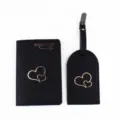 Black passport cover and luggage tag set with gold heart and airplane design travel accessories - Black