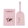Pink PU leather passport cover and luggage tag set with gold world map design for travel. - Passport Holder And Luggage Tag / Pink